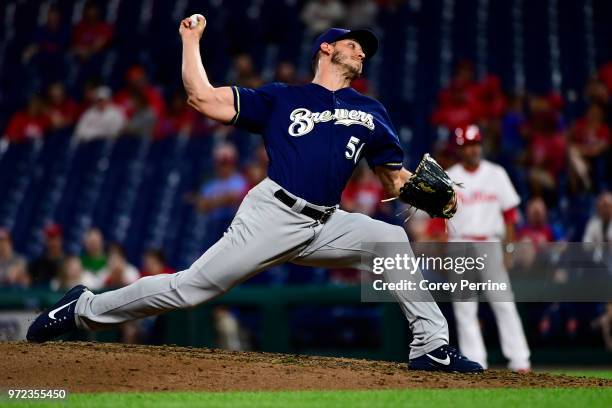 Jacob Barnes of the Milwaukee Brewers closes against the Philadelphia Phillies during the ninth inning at Citizens Bank Park on June 8, 2018 in...