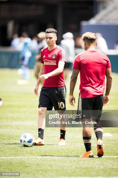 Miguel Almiron of Atlanta United during warm ups prior to the MLS match between New York City FC and Atlanta United FC at Yankee Stadium on June 09,...