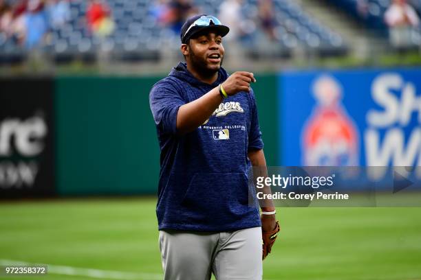 Jesus Aguilar of the Milwaukee Brewers is shown before the game against the Philadelphia Phillies at Citizens Bank Park on June 8, 2018 in...