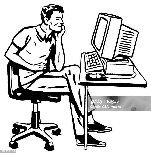 office - man thinking at computer stock illustrations