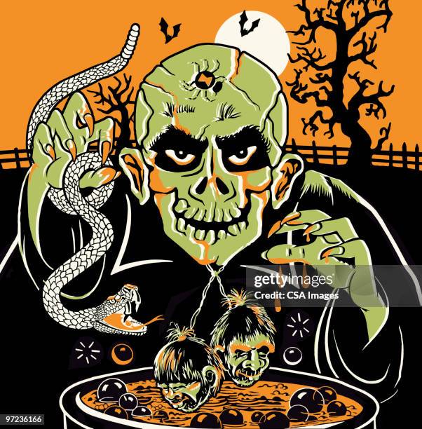 zombie at cauldron on halloween - shrunken head stock illustrations
