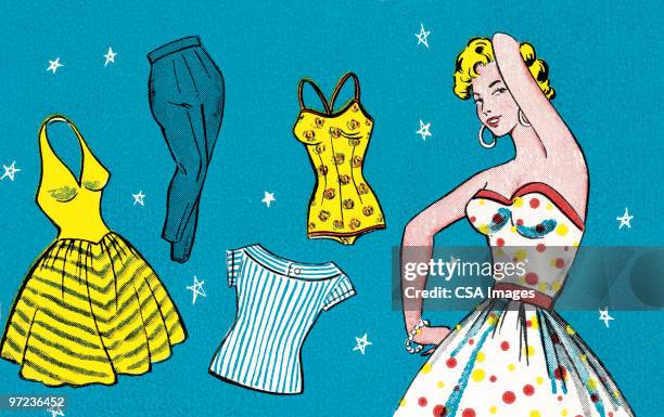 woman with clothes - wardrobe stock illustrations