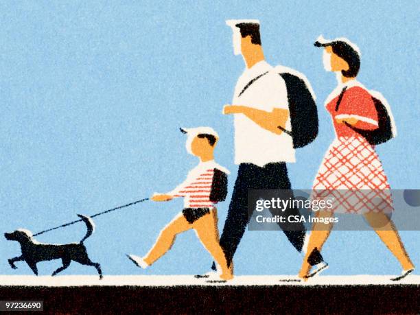 family with dog - familie mit einem kind stock-grafiken, -clipart, -cartoons und -symbole