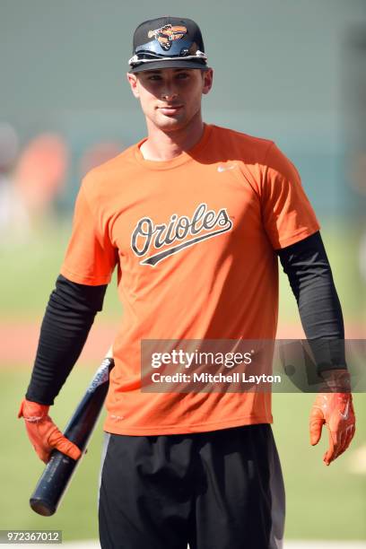 Joey Rickard of the Baltimore Orioles looks on during batting practice of a baseball game against the New York Yankees at Oriole Park at Camden Yards...