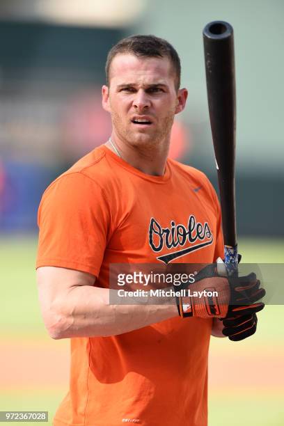 Craig Gentry of the Baltimore Orioles looks on during batting practice of a baseball game against the New York Yankees at Oriole Park at Camden Yards...