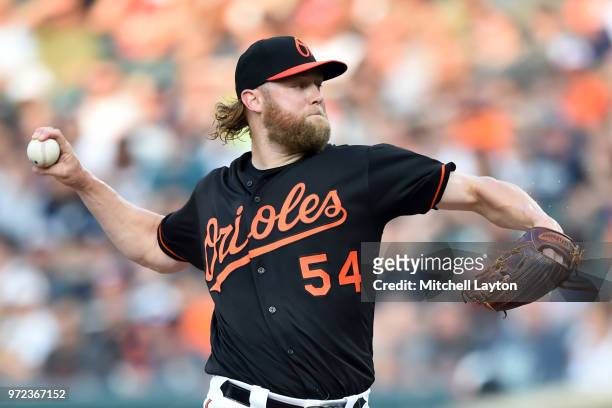 Andrew Cashner of the Baltimore Orioles pitches during a baseball game against the New York Yankees at Oriole Park at Camden Yards on June 1, 2018 in...