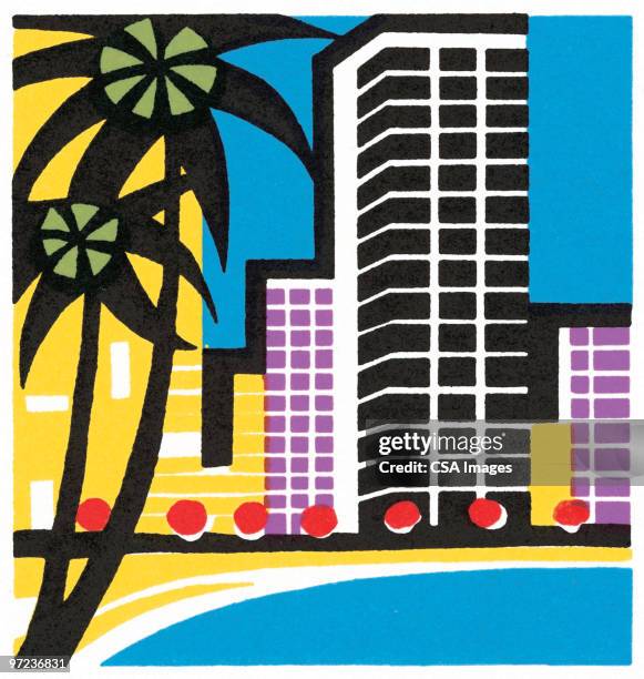 illustrazioni stock, clip art, cartoni animati e icone di tendenza di beach hi-rises - costa caratteristica costiera