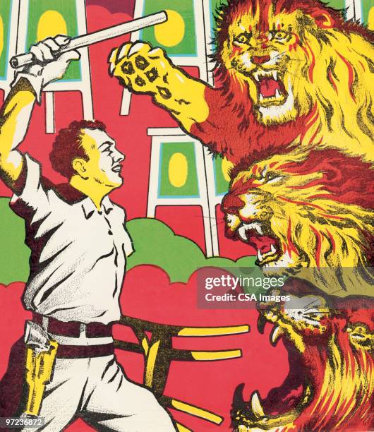 lion tamer battling three lions - ライオン使い点のイラスト素材／クリップアート素材／マンガ素材／アイコン素材