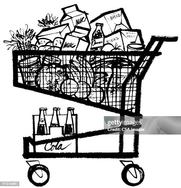 illustrations, cliparts, dessins animés et icônes de full grocery cart - caddie rempli