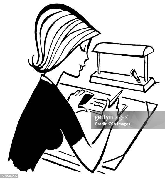 woman at desk - cheque financial item stock illustrations