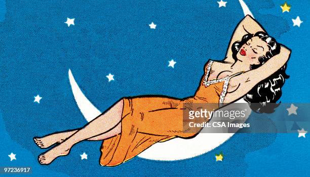 illustrations, cliparts, dessins animés et icônes de sleeping woman on the moon - femme sensuelle