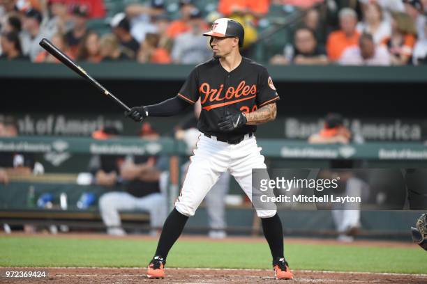 Jace Peterson of the Baltimore Orioles prepares for a pitch during a baseball game against the New York Yankees at Oriole Park at Camden Yards on...
