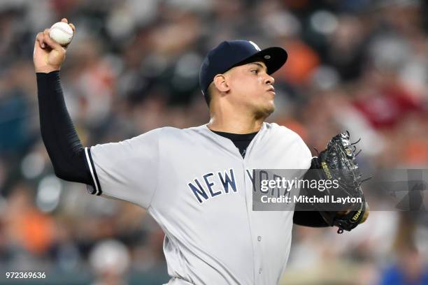 Dellin Betances of the New York Yankees pitches during a baseball game against the Baltimore Orioles at Oriole Park at Camden Yards on June 1, 2018...