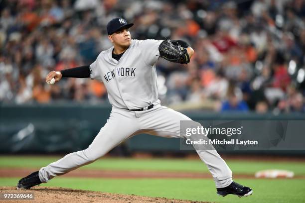 Dellin Betances of the New York Yankees pitches during a baseball game against the Baltimore Orioles at Oriole Park at Camden Yards on June 1, 2018...