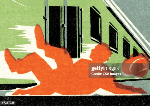 man falls over by train - railway track stock illustrations