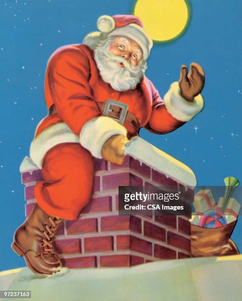 santa claus on the roof - santa waving stock illustrations