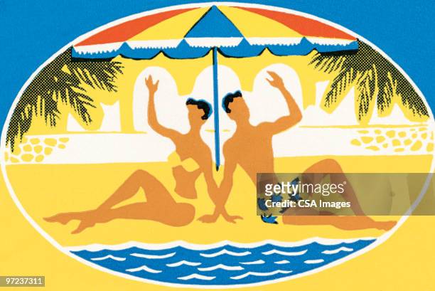 stockillustraties, clipart, cartoons en iconen met couple on beach - zwembadrand