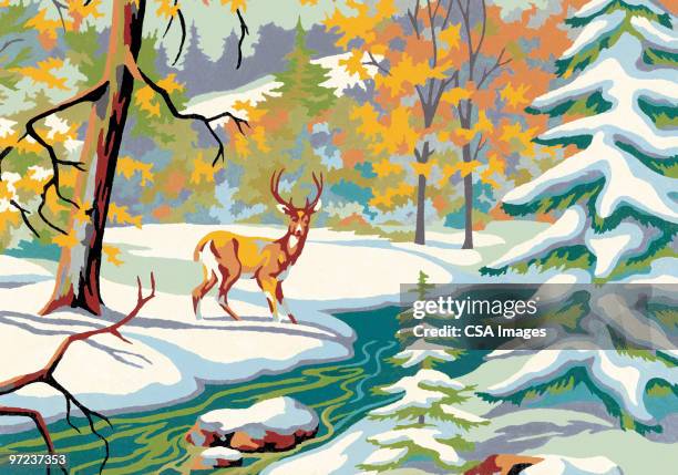deer in the snow - deer creek stock illustrations