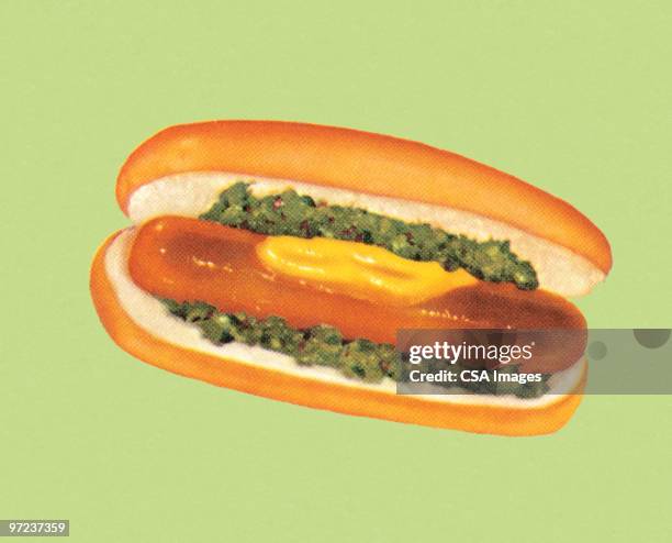 illustrations, cliparts, dessins animés et icônes de hot dog with relish and mustard - achards