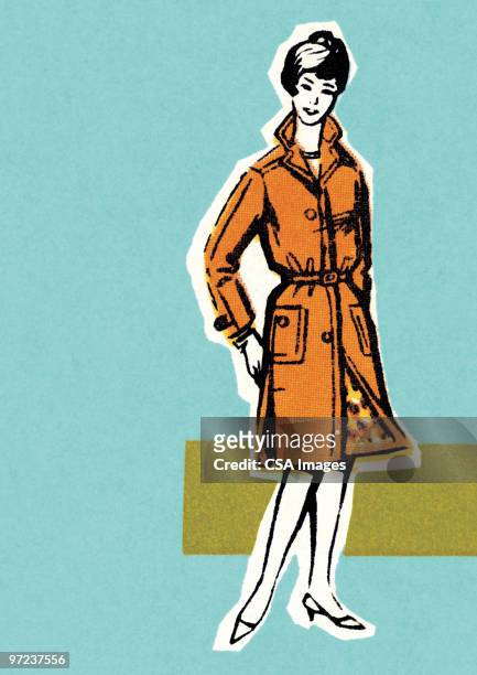 woman in orange coat - vintage rainwear stock-grafiken, -clipart, -cartoons und -symbole