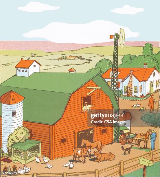 ilustraciones, imágenes clip art, dibujos animados e iconos de stock de farm life - establo