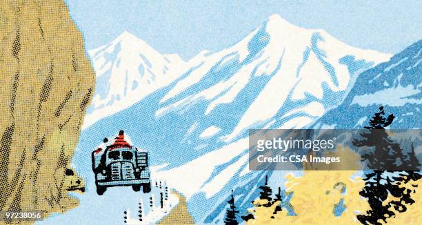 driving in the mountains - car illustration stock illustrations