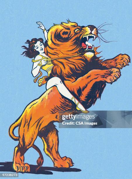 female circus performer riding a lion - 20th century stock illustrations
