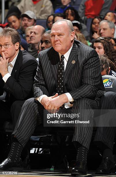 Head coach George Karl of the Denver Nuggets looks on from the bench during the game against the Washington Wizards on February 19, 2010 at the...