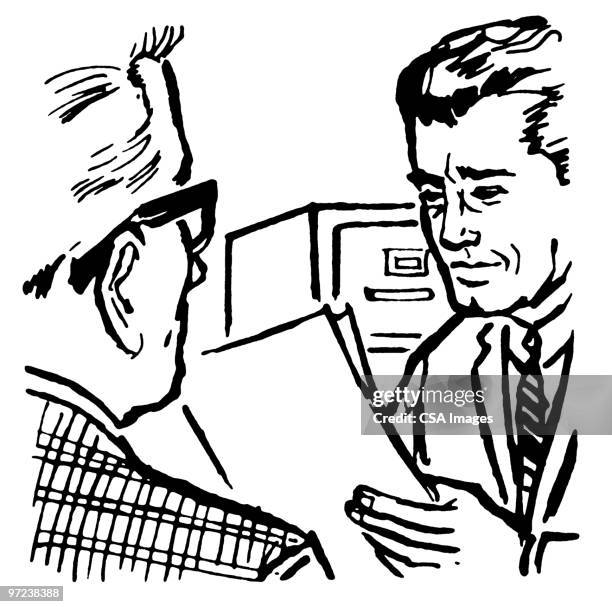 two businessmen reviewing a document - being interviewed stock illustrations
