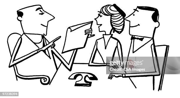 couple going over contract with real estate agent - conference table stock illustrations