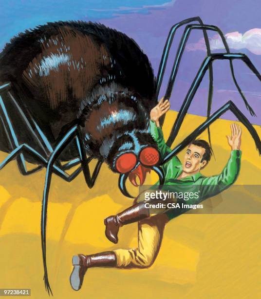 spider offensiver mann - spinnenphobie stock-grafiken, -clipart, -cartoons und -symbole