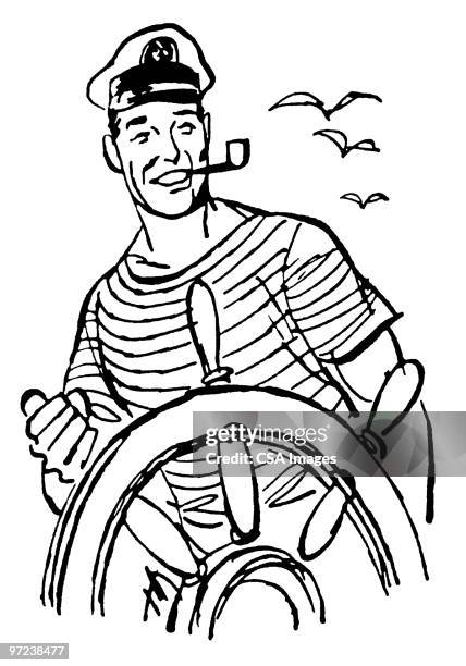ship captain at wheel - sailor stock illustrations