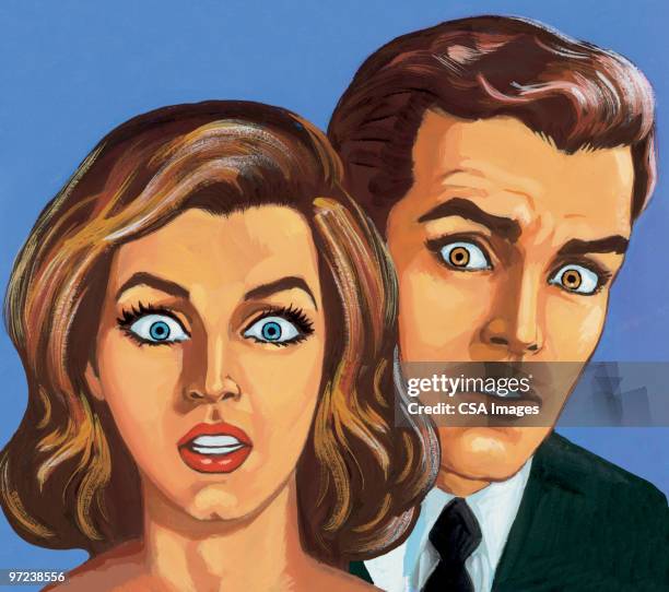 stockillustraties, clipart, cartoons en iconen met shocked couple - pretty brunette woman cartoon