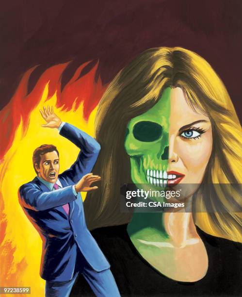 man and half zombie woman - fire face stock illustrations