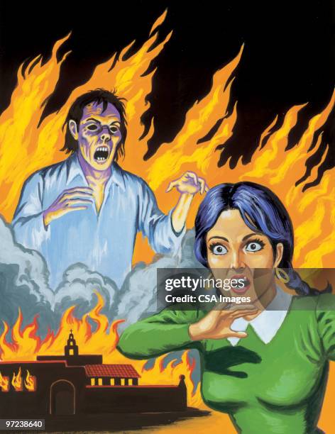 stockillustraties, clipart, cartoons en iconen met screaming woman and zombie in flames - one mid adult woman only