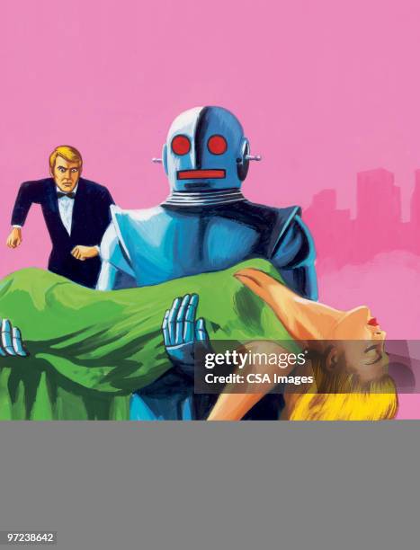 stockillustraties, clipart, cartoons en iconen met robot carrying woman away - red dress