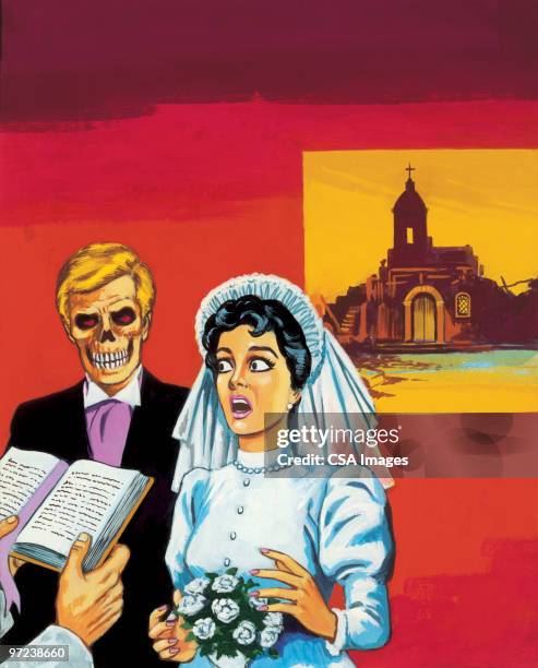 stockillustraties, clipart, cartoons en iconen met bride marrying zombie groom - bridegroom
