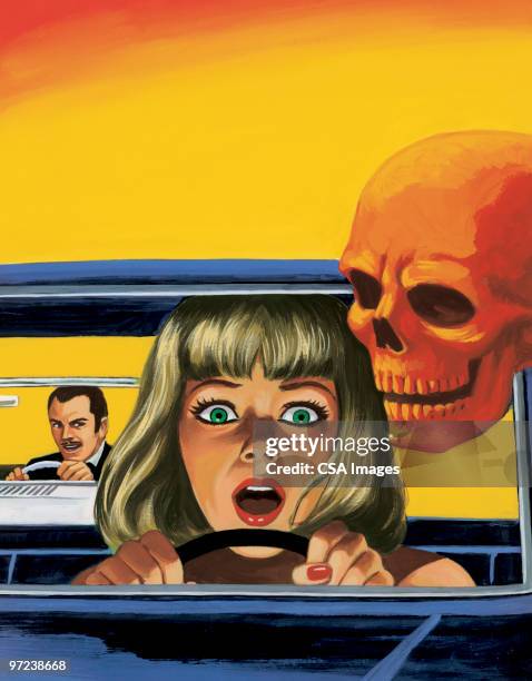 woman driving being chased by another car - gasping stock illustrations