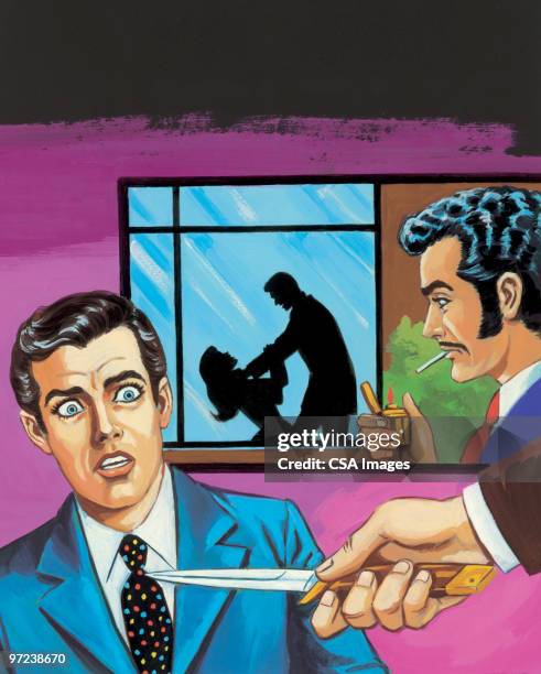 woman being strangled and man given knife - holding cigarette stock illustrations