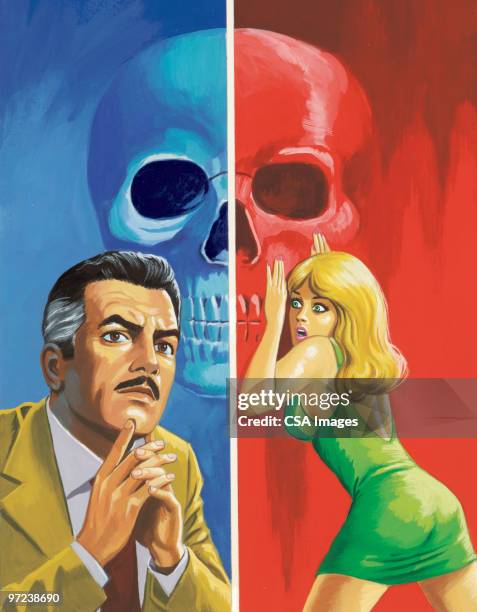 man thinking and woman listening with skull - man fear stock illustrations
