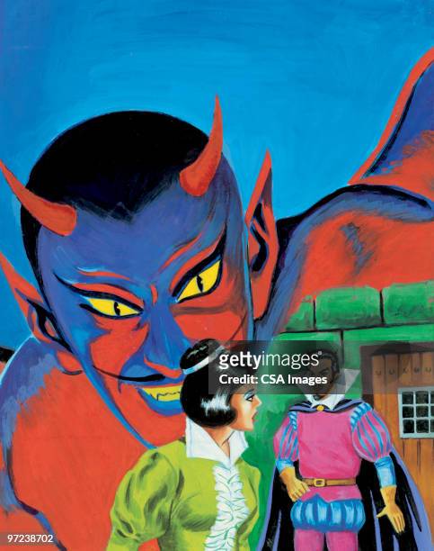 couple with giant devil watching them - prince stock illustrations