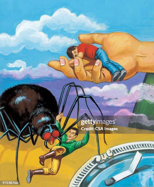 mann angegriffen wird von großen spider - spinnenphobie stock-grafiken, -clipart, -cartoons und -symbole