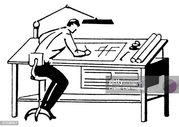 man working at drafting table - architect working stock illustrations