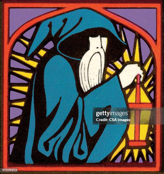 wizard man carrying a lantern - wizard stock illustrations