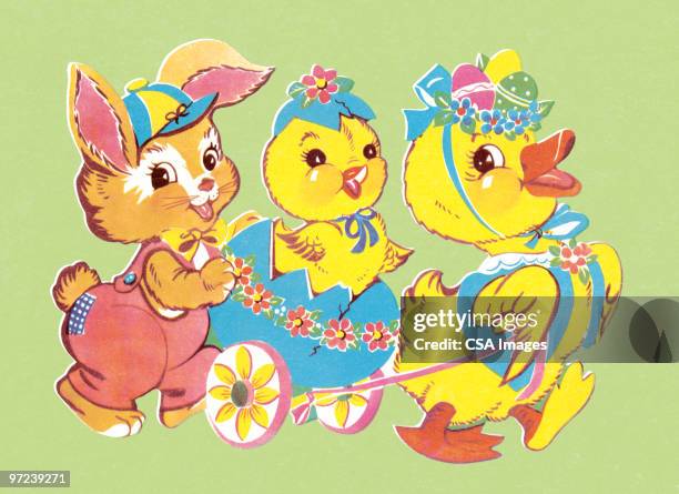 bunny rabbit and chicks in easter parade - rabbits studio stock illustrations