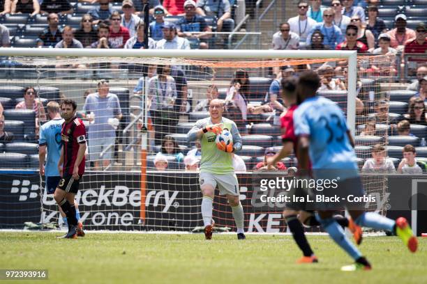 Goalkeeper Brad Guzan of Atlanta United gets ready to clear the ball during the match between New York City FC and Atlanta United FC at Yankee...