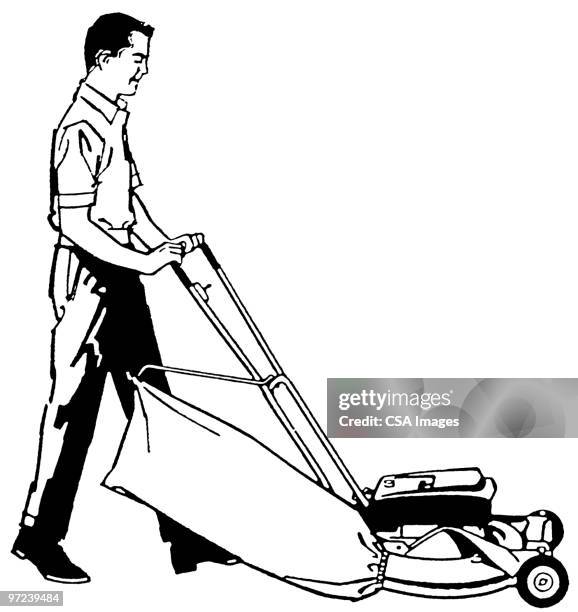 lawn mowing - man doing yard work stock illustrations
