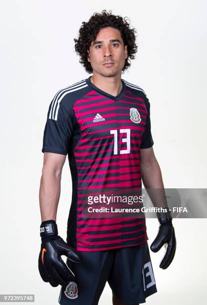 Guillermo Ochoa of Mexico poses for a portrait during the official FIFA World Cup 2018 portrait session at the Team Hotel on June 12, 2018 in Moscow,...