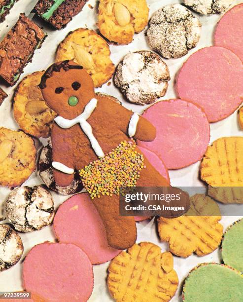 gingerbread woman cookie on top of cookies - christmas cookie exchange stock illustrations