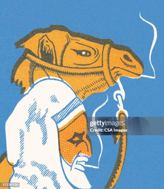 middle eastern man and camel - man smoking cigarette stock illustrations